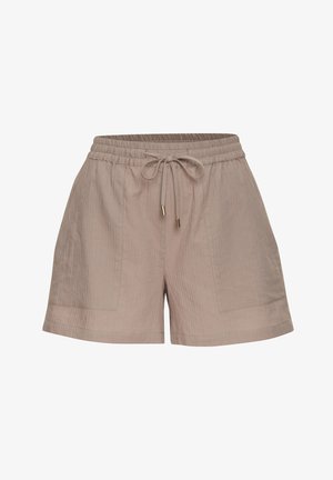 Beige casual shorts with elastic waistband, drawstring tie with metal tips, and front patch pockets, made of lightweight textured fabric.