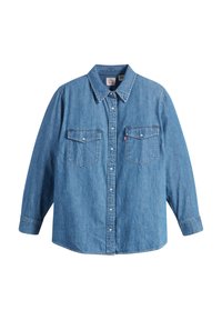 Hellblaues Denimhemd mit Button-Down-Kragen, langen Ärmeln, zwei Brusttaschen und einem leicht abgerundeten Saum. Verziert mit silbernen Knöpfen.