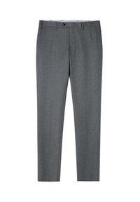 Grijze wollen broek met een getailleerde pasvorm, platte voorkant, ceintuurlussen en een enkele knoopsluiting. Gladde textuur met een subtiele houndstooth-patroon.