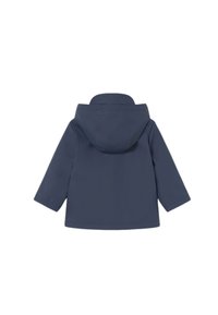 Giacca impermeabile blu navy con cappuccio, dotata di maniche lunghe e taglio dritto. Texture liscia, design minimalista senza motivi.