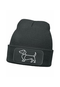 Black knitted beanie with a ribbed texture, featuring a gray patch displaying a white line drawing of a dachshund.