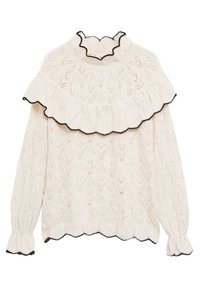 Pull en maille crème avec un col volanté festonné et une bordure noire. Présente un motif en losanges texturé et des poignets élastiqués.