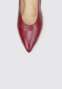 Chaussure en cuir rouge à bout pointu avec une texture lisse, présentant un design à découpe basse et un intérieur nude, sur un fond uni.