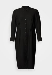 Μαύρο φόρεμα με κουμπιά, με γιακά, μακριά μανίκια, πιέτες στη μέση και ίσια σιλουέτα. Κατασκευασμένο από ελαφρύ ύφασμα.