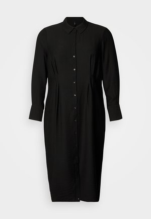 Μαύρο φόρεμα με κουμπιά, με γιακ ά, μακριά μανίκια, πιέτες στη μέση και ίσια σιλουέτα. Κατασκευασμένο από ελαφρύ ύφασμα.