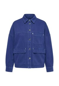 Blå jakke med knapper foran, krave, lange ærmer, brystlomme og to frontlommer med klap og metaltrykknapper.