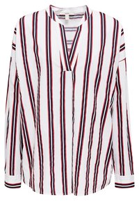 Camicia bianca a maniche lunghe con strisce verticali rosse e blu navy, scollatura a V e vestibilità comoda con orlo curvo. Realizzata in tessuto leggero.