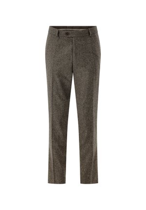Braune Wollhose aus strukturiertem Stoff, gerade geschnitten, mit vorderen Eingrifftaschen und einem einzelnen Knopfverschluss an der Taille.