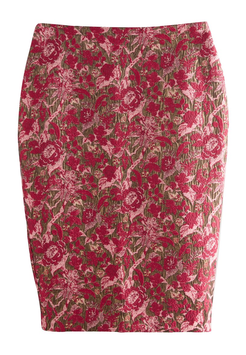Cvjetna olovka suknja u crvenim i ružičastim nijansama na teksturiranoj maslinastoj pozadini; ima uže kroj i glatki završetak.
