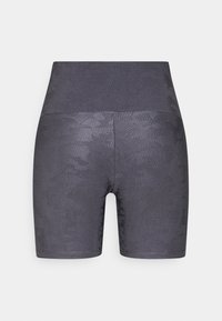 High-waisted dark gray cycling shorts with a textured camouflage pattern and smooth, stretchy fabric. Mid-thigh length with an elastic waistband.