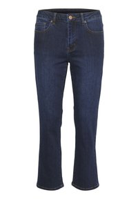 Mörkblå denimjeans med rak benfashion, femficksdesign och gula sömmar. Har ett framknäppning och bältesömmar.