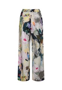 Pantalon large avec taille élastique présentant un imprimé floral abstrait aux couleurs pastel et foncées sur fond clair.