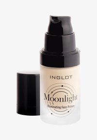 Genomskinlig flytande ansiktsprimer i en klar flaska, svart pumpdispenser, märkt "Moonlight Illuminating Face Primer" i svart text.