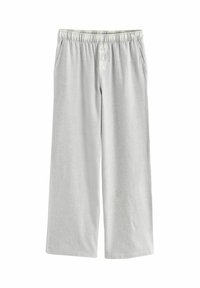 Lys grå brede pyjamasbukser med elastisk talje, tre-knaps lukning og subtil ternet mønster.