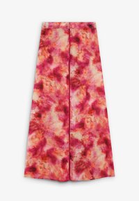 Wide, flared skirt in a multicolored tie-dye pattern featuring shades of pink, red, and cream. Smooth texture with a clean seam down the back.