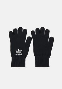 Fekete kötött kesztyű ribbed mandzsettával, a csukló területén fehér hímzett Adidas logóval.