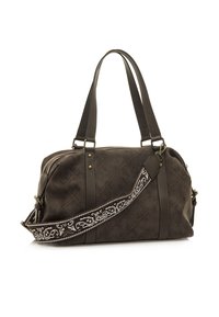 Borsa in pelle marrone scuro con motivo a rombi trapuntato, manici doppi e una tracolla regolabile con un design a paisley bianco.