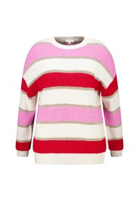 Gebreide trui met brede horizontale strepen in rood, roze en beige op een witte achtergrond. Rondom de hals en met lange mouwen.