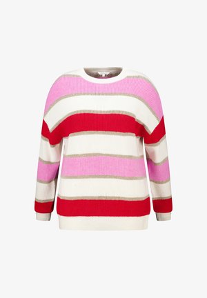 Gebreide trui met brede horizontale strepen in rood, roze en beige op een witte achtergrond. Rondom de hals en met lange mouwen.