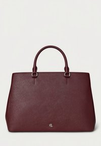 Burgundi bőrből készült kézitáska dupla fogantyúval, strukturált kialakítással és logó díszítéssel az elején. Texturált felülettel rendelkezik.