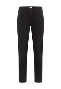 Czarne dżinsy o slim fit, pięciokieszeniowym fasonie i subtelnym przeszyciu. Zawierają zapięcie na guzik i klasyczny pas.