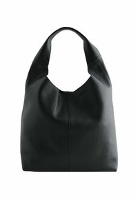 Borsa hobo in pelle nera con una superficie morbida e testurizzata. Apertura arrotondata nella parte superiore e una maniglia singola. Design minimalista, senza hardware visibile.