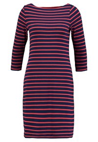 Navy sininen mekko, jossa on vaakasuoria punaisia raitoja, pitkät hihat ja pyöreä pääntie, pehmeästä kankaasta valmistettu, polvimittainen ja vartalonmyötäinen