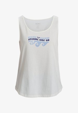 Witte katoenen tanktop met een ronde hals en brede armsgaten. Bevat blauwe grafische tekst en golfpatroon op de borst. Nette textuur.