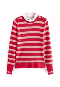 Maglione a righe rosse e rosa con maniche lunghe, caratterizzato da un colletto arricciato e dettagli con bottoni sulla spalla.