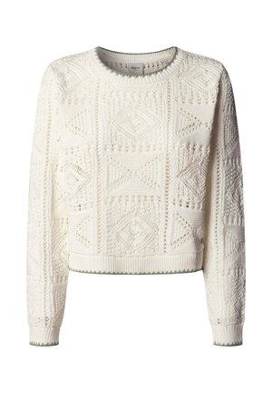 Pull en maille blanche avec motifs géométriques texturés, manches longues, col rond et bordure verte subtile aux poignets et à l'ourlet.