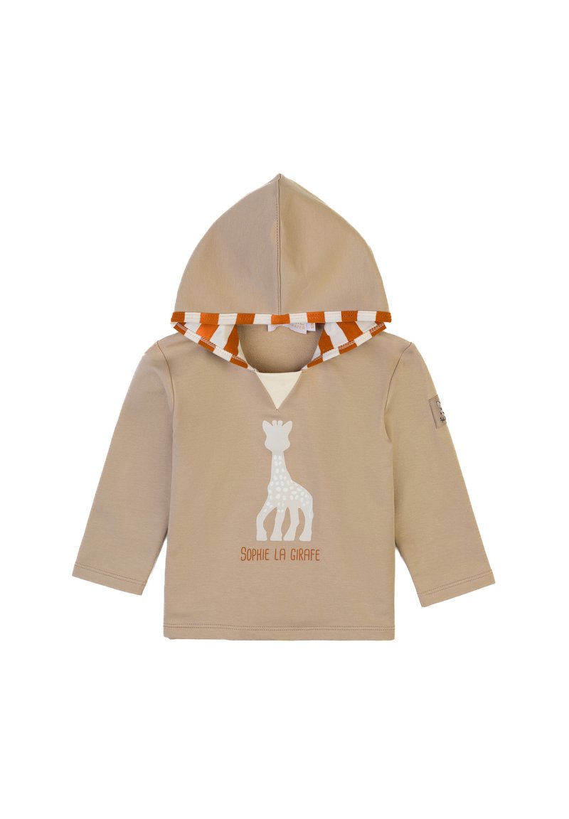 Felpa a maniche lunghe beige con una grafica di una giraffa bianca e testo arancione. Presenta un colletto triangolare e una fodera interna a righe arancioni e bianche.