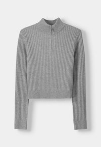 Szary, prążkowany, krótki sweter z wysokim kołnierzem i krótkim zamkiem błyskawicznym. Długie rękawy i teksturowany wzór dzianiny na całej powierzchni.