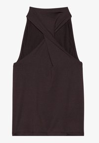 Top negru fără mâneci, cu un design cross-back, realizat dintr-un material neted, cu o formă ajustată și cusături minime.