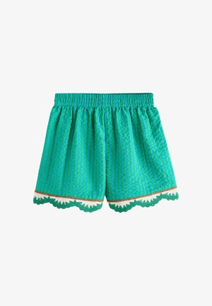 Zelene kratke hlače z elastnim pasom in valovito obrobo v zelenih, belih in rjavih odtenkih ob robu.
