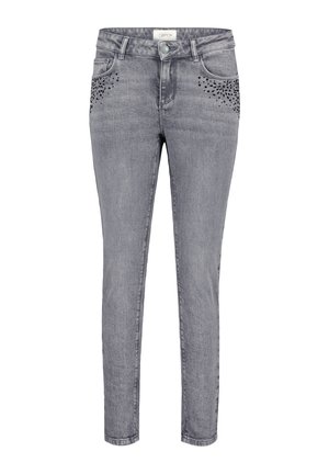 Schmal geschnittene graue Jeans aus Denim mit Nietenakzenten in der Nähe der Taschen, ausgestattet mit einem klassischen Fünf-Taschen-Design und einem Knopfverschluss.
