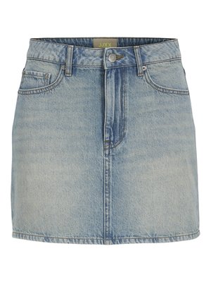 Svetloljubičasta denim mini krila s pripijenim strukom, prednjim kopčanjem na dugmad, pet džepova i suptilnim izblijedjenjem duž tkanine.