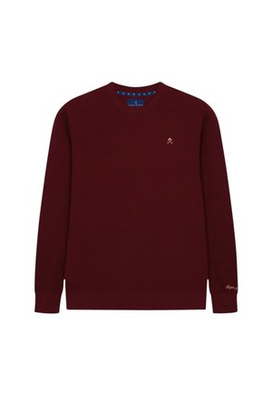 Maglione a maglia bordeaux con collo rotondo. Presenta polsini e orlo a costine, un motivo testurizzato e un piccolo logo dorato sul petto.