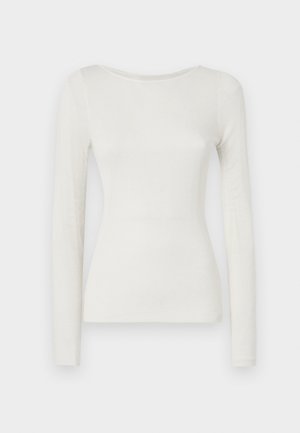 Langärmliges, tailliertes Oberteil in Creme mit einer weichen, gerippten Textur. Verfügt über einen runden Ausschnitt und schmale Ärmel, die eine elegante Silhouette bieten.