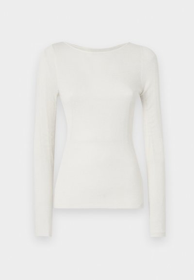 Long-sleeve, fitted top in cream, with a soft ribbed texture. Features a round neckline and slim sleeves, offering a smooth silhouette.