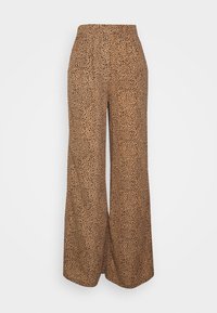 Calças largas castanhas com um padrão manchado, cintura alta, textura suave e corte solto. Apresenta uma bainha limpa sem hardware visível.