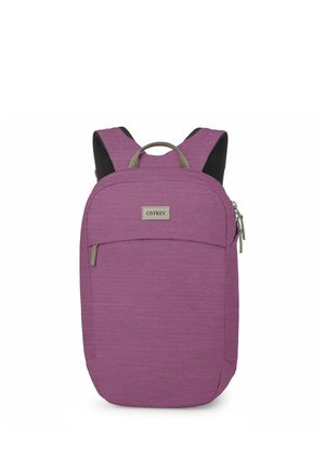 Purple Osprey backpack with padded shoulder straps, top handle, and front zippered pocket on a white background.