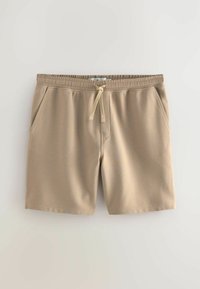 Beige striped swim shorts with an elastic waistband, adjustable drawstring, and two side pockets. Smooth texture and casual design.