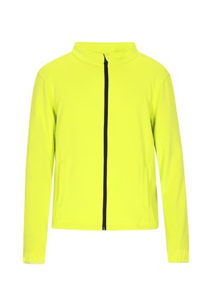 Neon gul zip-up jakke med høj krave, lange ærmer, sidelommer og kontrasterende sort lynlås for en markant visuel kontrast.