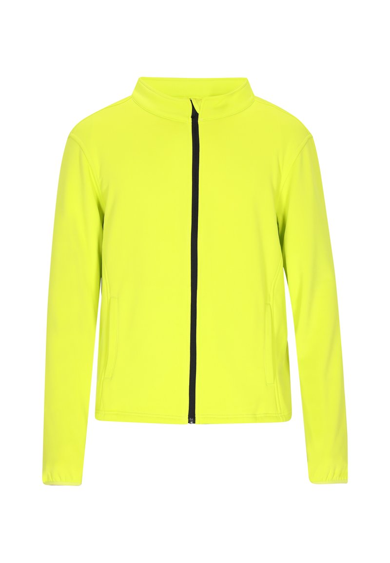 Neon gul zip-up jakke med høj krave, lange ærmer, sidelommer og kontrasterende sort lynlås for en markant visuel kontrast.