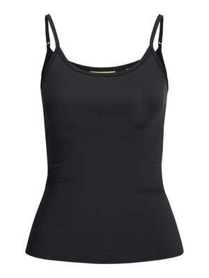 Juodas aptemptas moteriškas be rankovių viršus su plonomis reguliuojamomis petnešėlėmis ir šiek tiek apvalia iškirpte, pateiktas ant balto fono.