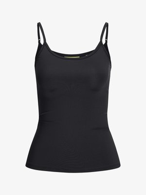 Haut noir ajusté pour femmes sans manches avec fines bretelles réglables et un léger décolleté arrondi, présenté sur fond blanc.