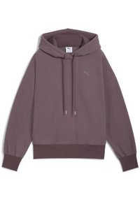 Fioletowa bluza z kapturem z teksturowanej tkaniny, luźny krój, ściągacze przy mankietach i dolnym wykończeniu. Zawiera szare logo Puma i regulowane sznurki.