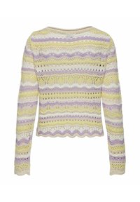 Pull en maille à manches longues avec motifs en dentelle ajourée et rayures horizontales en crème, lavande et jaune pâle, bord inférieur festonné.