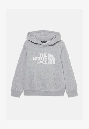 Gray sweatshirt featuring a hood, front kangaroo pocket, and white logo text. Made of soft fabric with ribbed cuffs and hem.