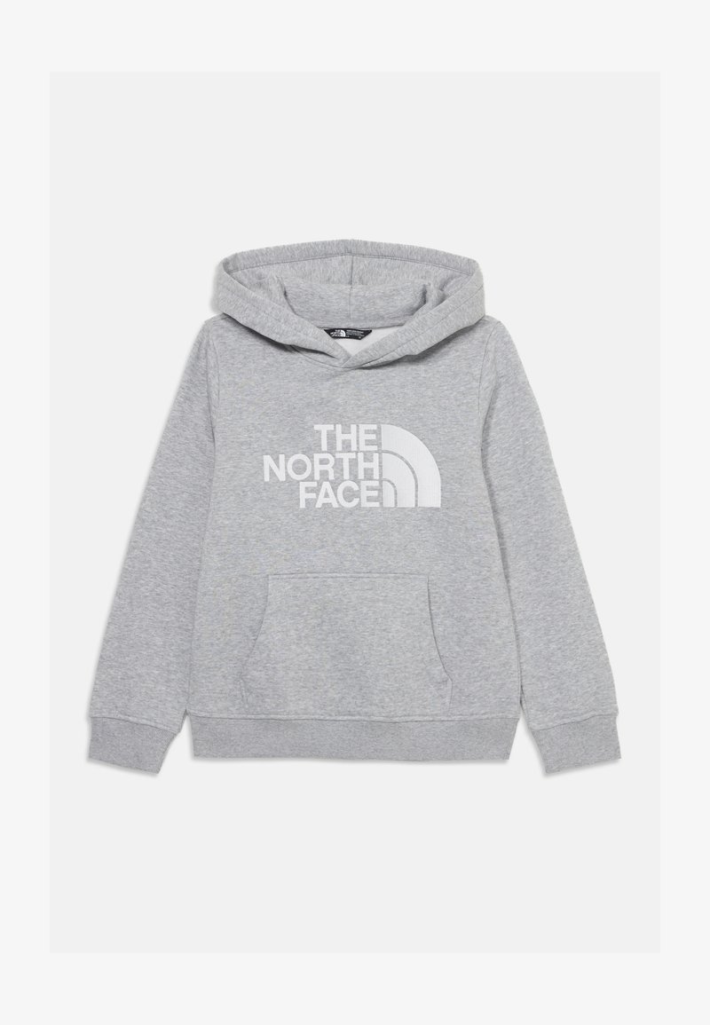 Pelēka sporta jaka ar kapuci, priekšējo kangaroo kabatu un baltu logo tekstu. Izgatavota no mīkstas auduma ar ribu aprocēm un apakšmalu.